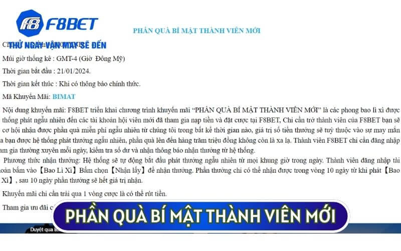 Phần quà bí mật thành viên mới là cơ hội để bạn có thể trải nghiệm cá cược tại F8BET